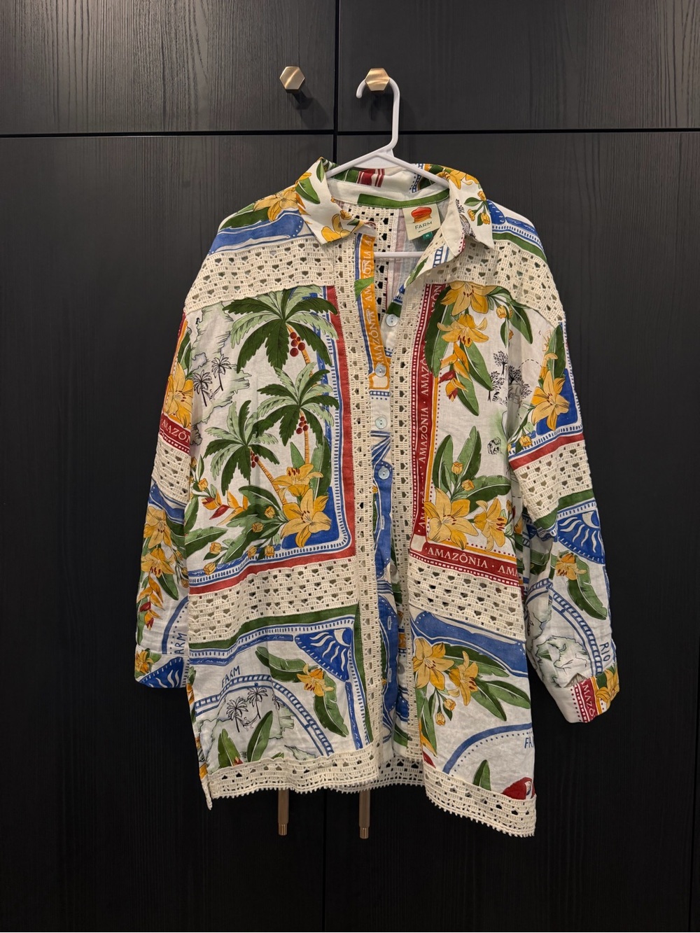 Tropical Print Long-Sleeve Shirt Jacket - White/Yellow/Green/Blue